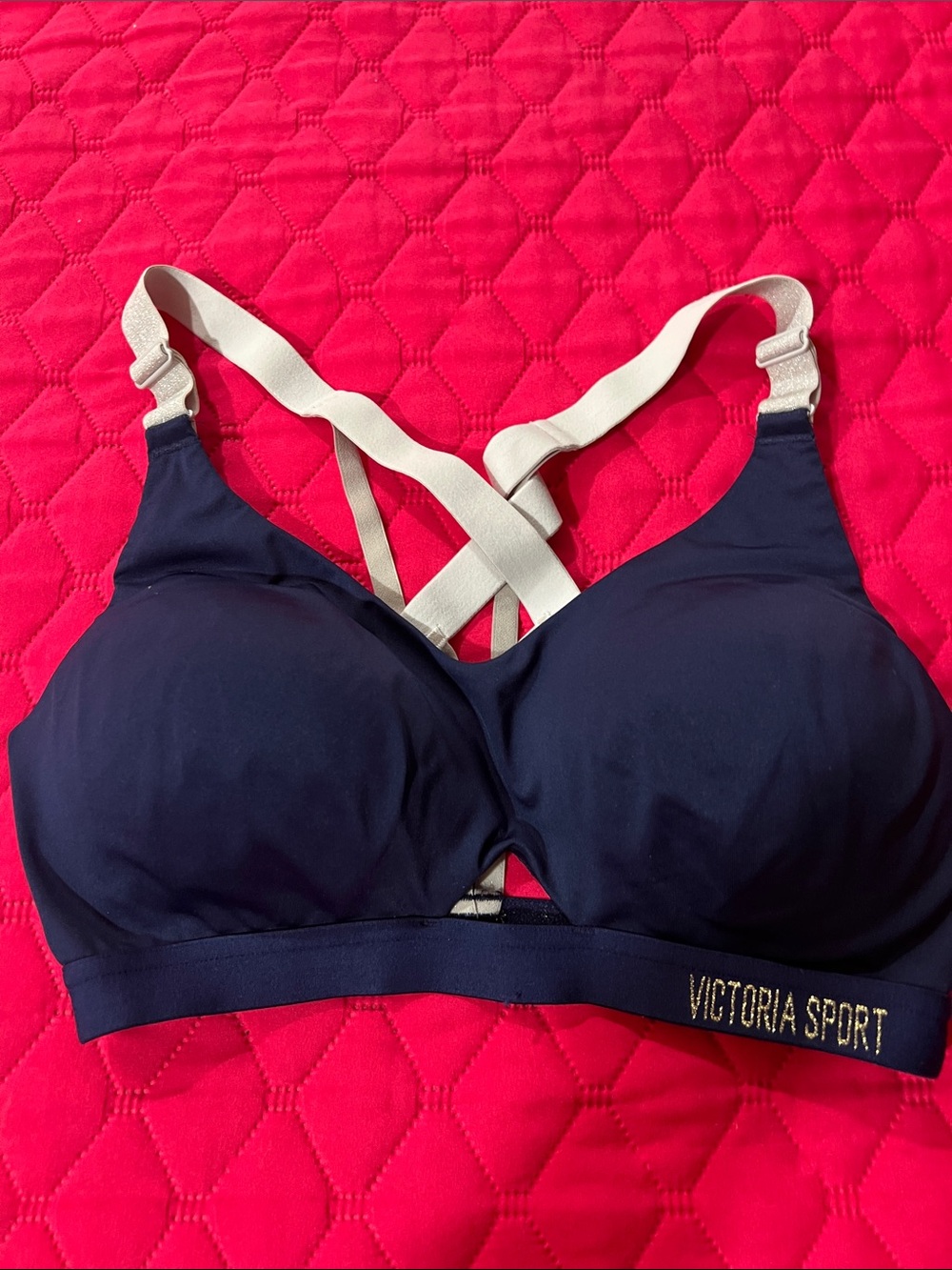 Victoria Sport Navy Wireless Crisscross Sports Bra with Silver and Gold Straps